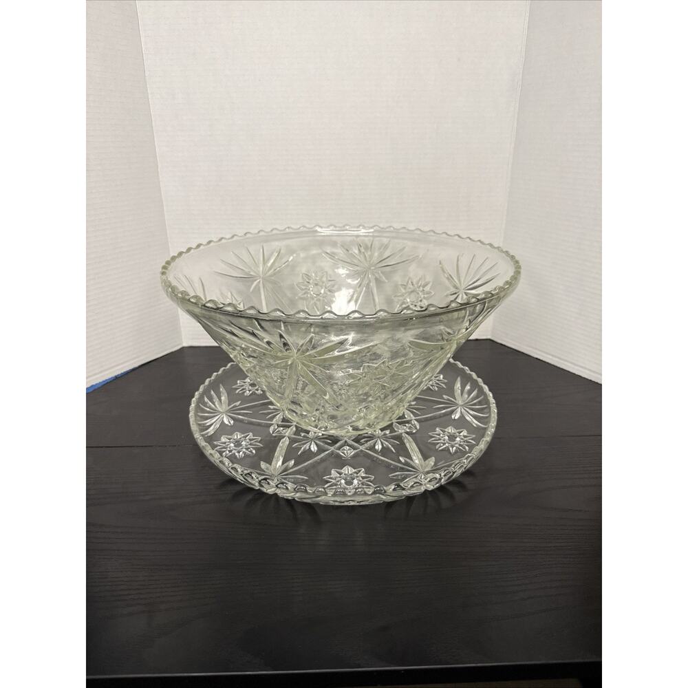 Anchor Hocking Crystal Punch Bowl with 2 Round tray Star Of David Pattern